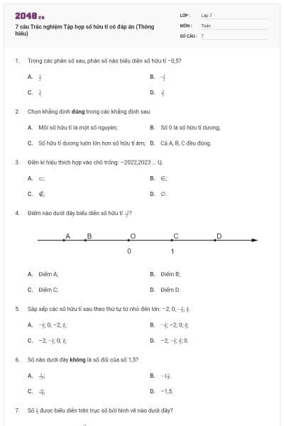 7 câu Trắc nghiệm Tập hợp số hữu tỉ có đáp án (Thông hiểu)