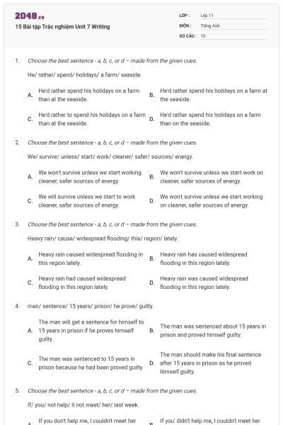 15 Bài tập Trắc nghiệm Unit 7 Writing