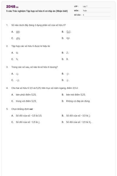 5 câu Trắc nghiệm Tập hợp số hữu tỉ có đáp án (Nhận biết)