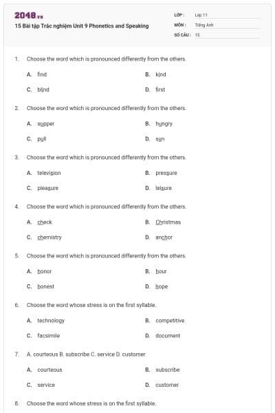 15 Bài tập Trắc nghiệm Unit 9 Phonetics and Speaking