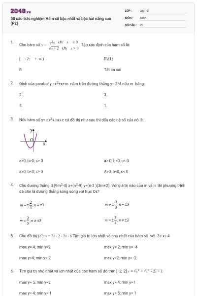 50 câu trắc nghiệm Hàm số bậc nhất và bậc hai nâng cao (P2)
