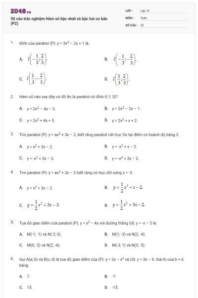 50 câu trắc nghiệm Hàm số bậc nhất và bậc hai cơ bản (P2)