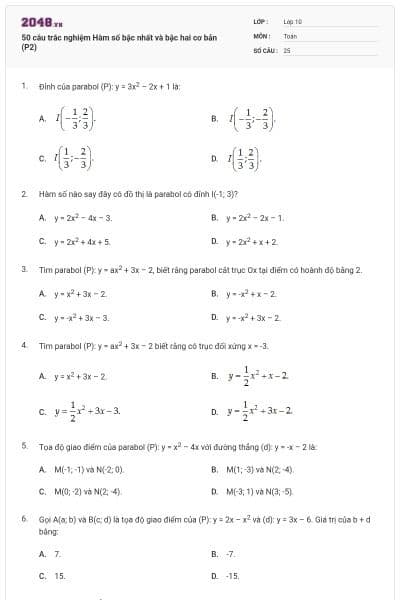 50 câu trắc nghiệm Hàm số bậc nhất và bậc hai cơ bản (P2)