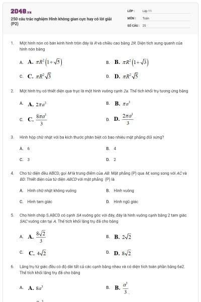 250 câu trắc nghiệm Hình không gian cực hay có lời giải (P2)