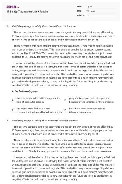 15 Bài tập Trắc nghiệm Unit 9 Reading