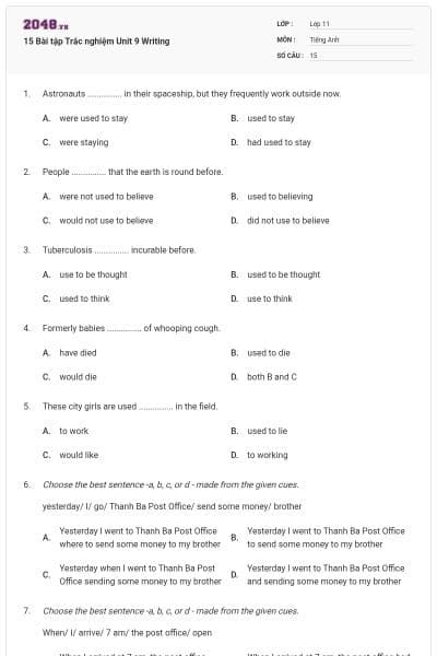 15 Bài tập Trắc nghiệm Unit 9 Writing