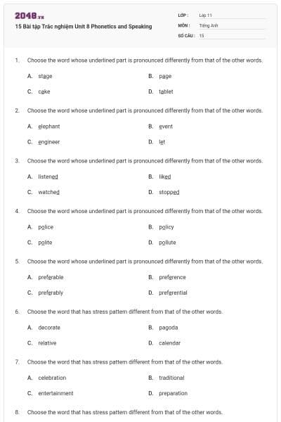 15 Bài tập Trắc nghiệm Unit 8 Phonetics and Speaking