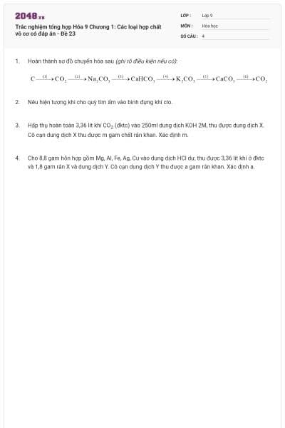 Trắc nghiệm tổng hợp Hóa 9 Chương 1: Các loại hợp chất vô cơ có đáp án - Đề 23