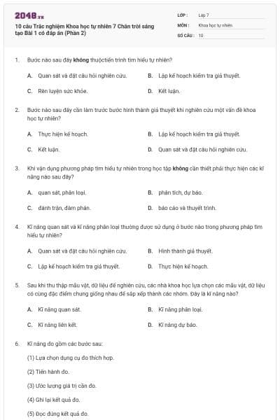 10 câu Trắc nghiệm Khoa học tự nhiên 7 Chân trời sáng tạo Bài 1 có đáp án (Phần 2)