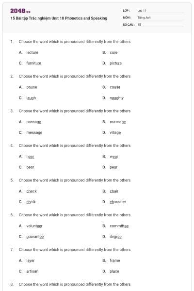 15 Bài tập Trắc nghiệm Unit 10 Phonetics and Speaking