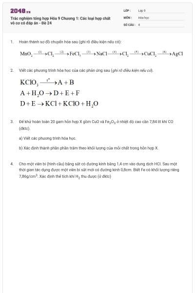 Trắc nghiệm tổng hợp Hóa 9 Chương 1: Các loại hợp chất vô cơ có đáp án - Đề 24