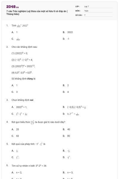7 câu Trắc nghiệm Luỹ thừa của một số hữu tỉ có đáp án ( Thông hiểu)