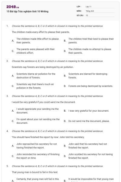 15 Bài tập Trắc nghiệm Unit 10 Writing