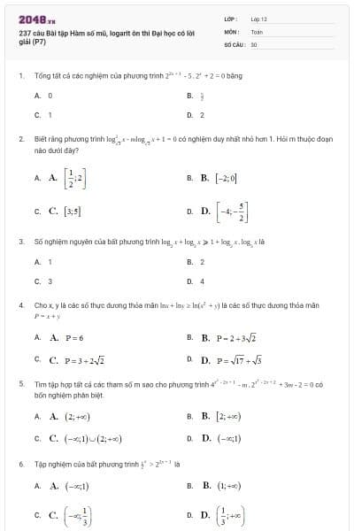 237 câu  Bài tập Hàm số mũ, logarit ôn thi Đại học có lời giải (P7)