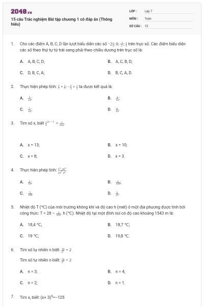 15 câu Trắc nghiệm Bài tập chương 1 có đáp án (Thông hiểu)
