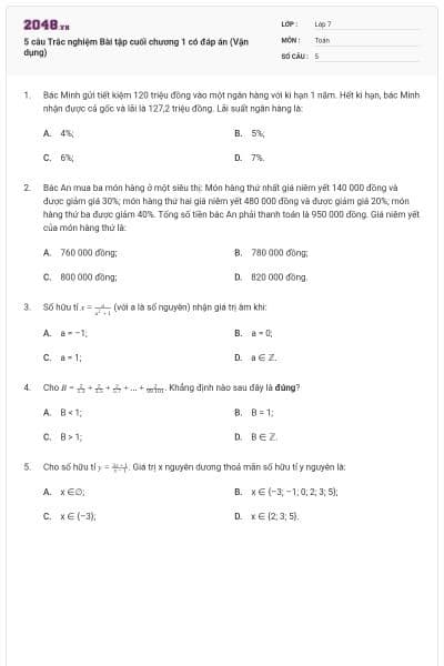 5 câu Trắc nghiệm Bài tập cuối chương 1 có đáp án (Vận dụng)