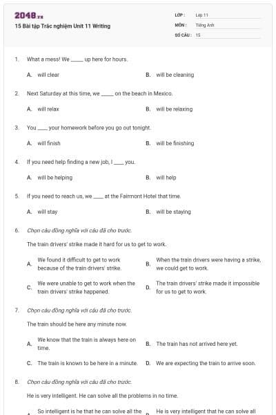 15 Bài tập Trắc nghiệm Unit 11 Writing