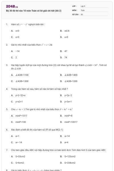 Bộ 30 đề thi vào 10 môn Toán có lời giải chi tiết (Đề 2)