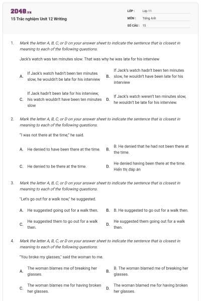 15 Trắc nghiệm Unit 12 Writing