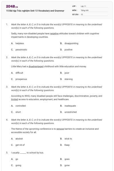 15 Bài tập Trắc nghiệm Unit 13 Vocabulary and Grammar