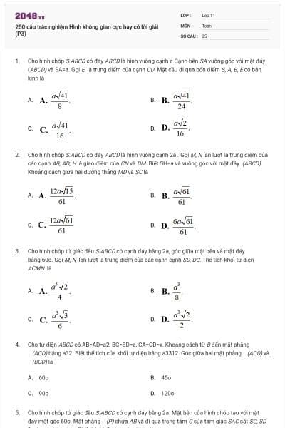 250 câu trắc nghiệm Hình không gian cực hay có lời giải (P3)