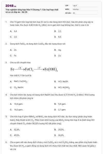 Trắc nghiệm tổng hợp Hóa 9 Chương 1: Các loại hợp chất vô cơ có đáp án - Đề 26