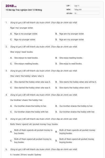 15 Bài tập Trắc nghiệm Unit 13 Writing