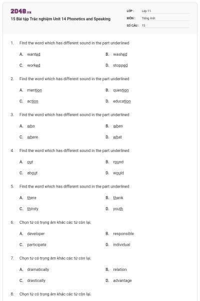 15 Bài tập Trắc nghiệm Unit 14 Phonetics and Speaking