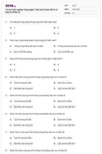 15 câu Trắc nghiệm Công nghệ 7 Kết nối tri thức Bài 8 có đáp án (Phần 2)