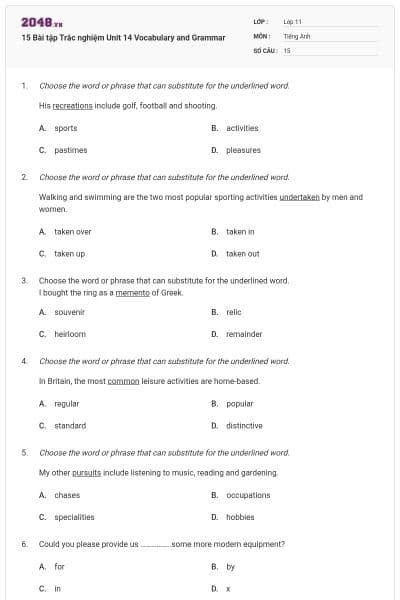 15 Bài tập Trắc nghiệm Unit 14 Vocabulary and Grammar