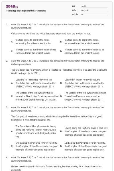 15 Bài tập Trắc nghiệm Unit 14 Writing