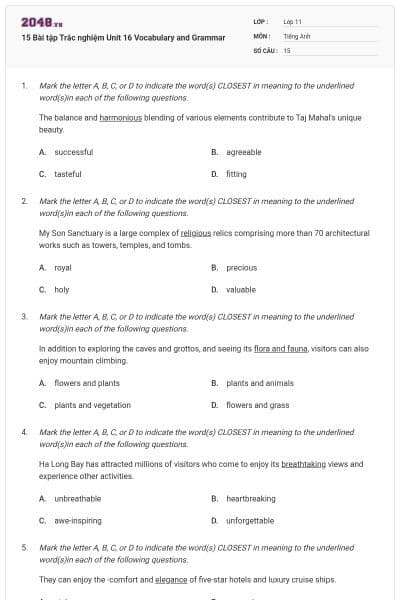 15 Bài tập Trắc nghiệm Unit 16 Vocabulary and Grammar