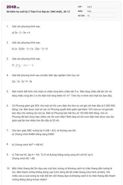 Đề kiểm tra cuối kỳ 2 Toán 8 có đáp án ( Mới nhất)_ đề 12