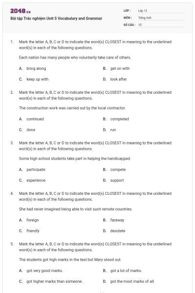 Bài tập Trắc nghiệm Unit 5 Vocabulary and Grammar