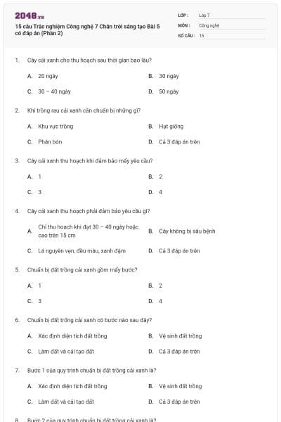 15 câu Trắc nghiệm Công nghệ 7 Chân trời sáng tạo Bài 5 có đáp án (Phần 2)