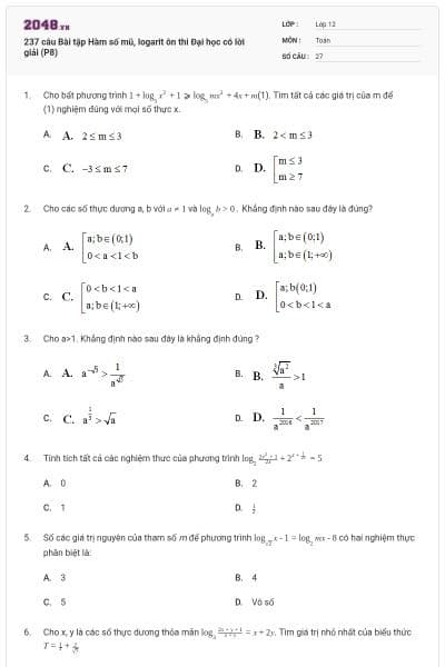 237 câu  Bài tập Hàm số mũ, logarit ôn thi Đại học có lời giải (P8)