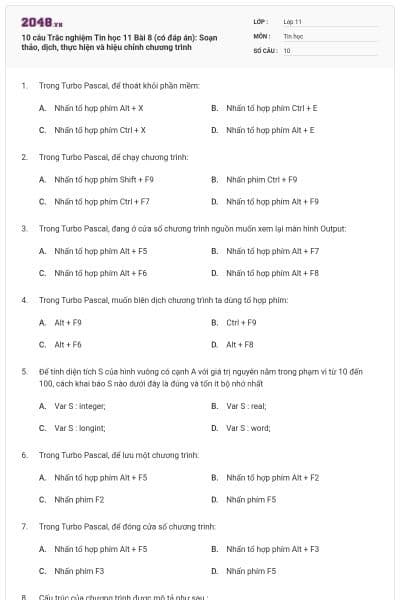 10 câu Trắc nghiệm Tin học 11 Bài 8 (có đáp án): Soạn thảo, dịch, thực hiện và hiệu chỉnh chương trình