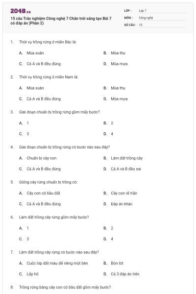 15 câu Trắc nghiệm Công nghệ 7 Chân trời sáng tạo Bài 7 có đáp án (Phần 2)