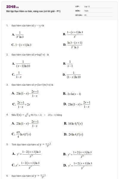 Bài tập Đạo Hàm cơ bản, nâng cao (có lời giải - P1)