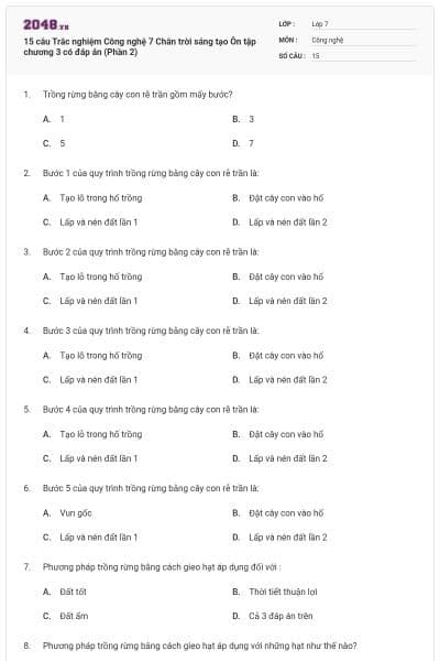 15 câu Trắc nghiệm Công nghệ 7 Chân trời sáng tạo Ôn tập chương 3 có đáp án (Phần 2)