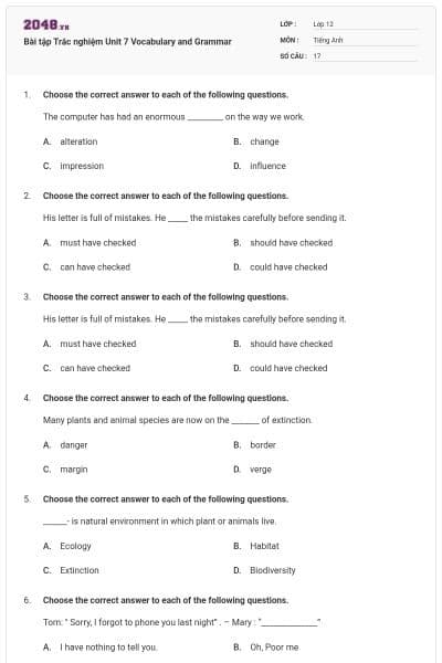 Bài tập Trắc nghiệm Unit 7 Vocabulary and Grammar