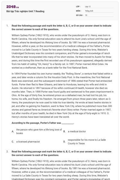 Bài tập Trắc nghiệm Unit 7 Reading