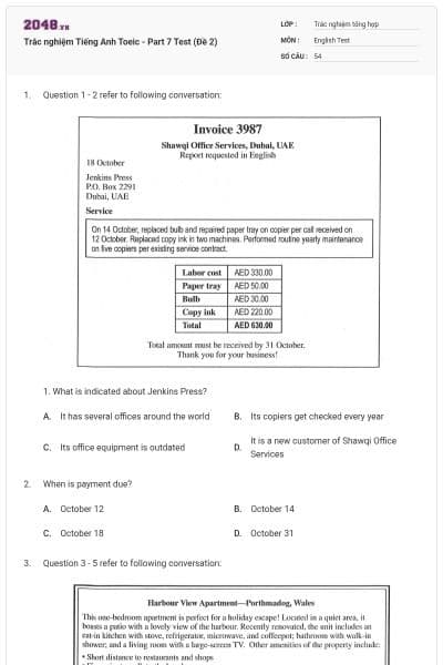 Trắc nghiệm Tiếng Anh Toeic - Part 7 Test (Đề 2)