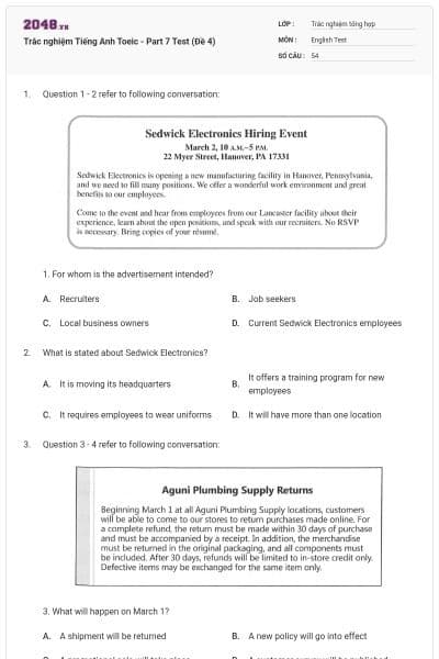 Trắc nghiệm Tiếng Anh Toeic - Part 7 Test (Đề 4)