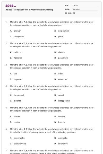 Bài tập Trắc nghiệm Unit 8 Phonetics and Speaking