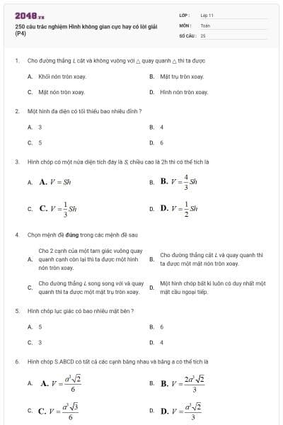 250 câu trắc nghiệm Hình không gian cực hay có lời giải (P4)