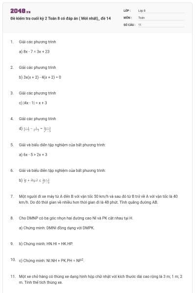 Đề kiểm tra cuối kỳ 2 Toán 8 có đáp án ( Mới nhất)_ đề 14