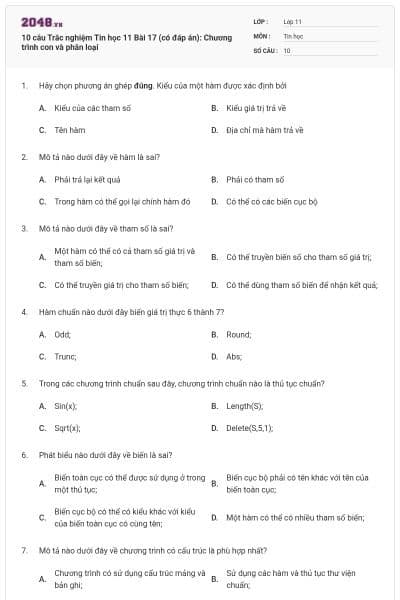 10 câu Trắc nghiệm Tin học 11 Bài 17 (có đáp án): Chương trình con và phân loại