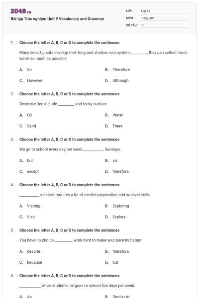 Bài tập Trắc nghiệm Unit 9 Vocabulary and Grammar