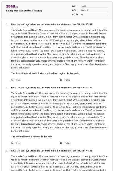 Bài tập Trắc nghiệm Unit 9 Reading